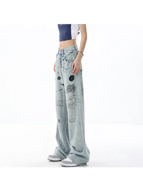 Y2K Vintage Harajuku Wide Leg Denim Pants - Graphic Baggy Jeans