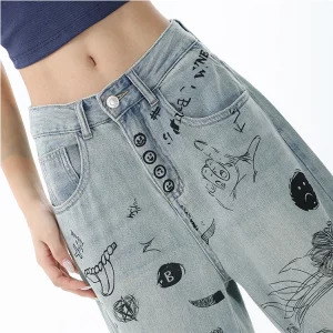 Y2K Vintage Harajuku Wide Leg Denim Pants - Graphic Baggy Jeans