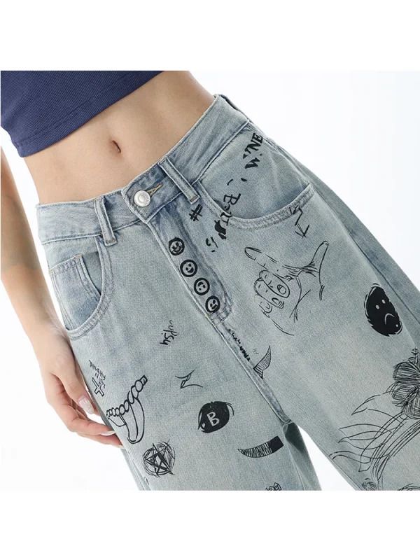 Y2K Vintage Harajuku Wide Leg Denim Pants - Graphic Baggy Jeans