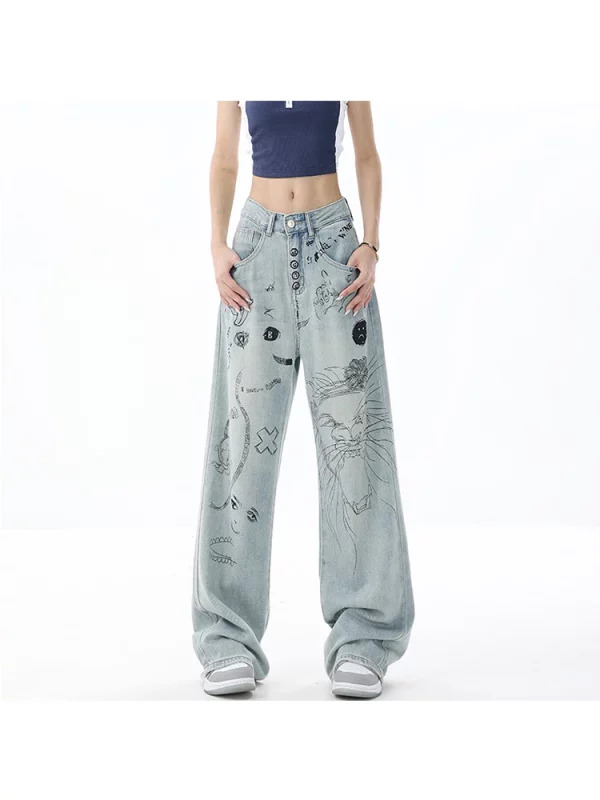 Y2K Vintage Harajuku Wide Leg Denim Pants - Graphic Baggy Jeans