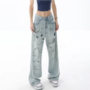 Y2K Vintage Harajuku Wide Leg Denim Pants - Graphic Baggy Jeans