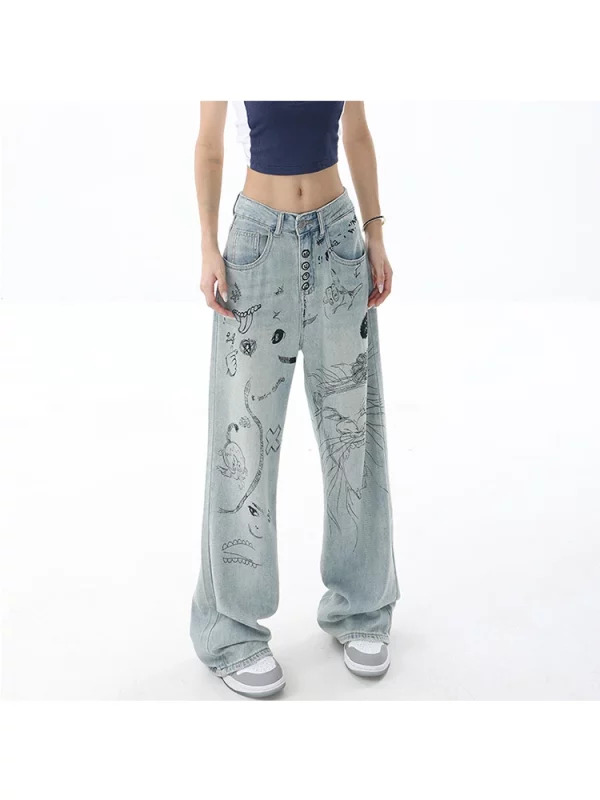 Y2K Vintage Harajuku Wide Leg Denim Pants - Graphic Baggy Jeans