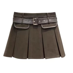 Y2K Vintage High Waist Mini A-line Woolen Pleated Skirt with Belt - Korean Maillard Aesthetic Design for