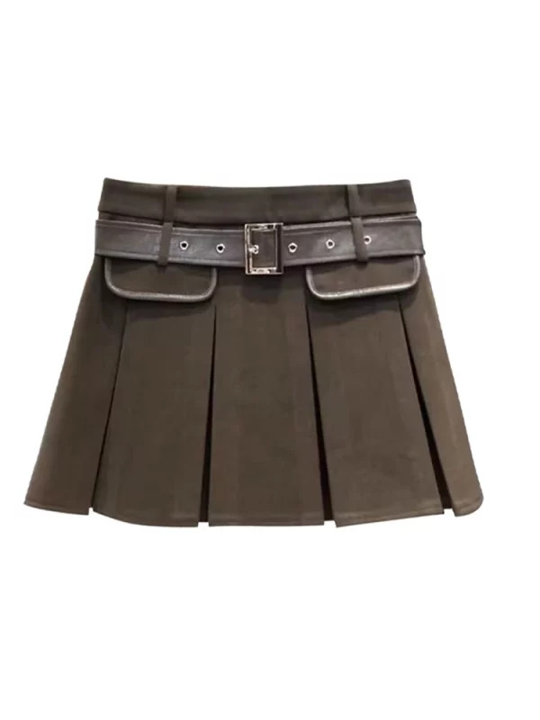 Y2K Vintage High Waist Mini A-line Woolen Pleated Skirt with Belt - Korean Maillard Aesthetic Design for