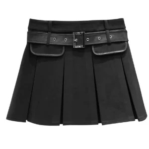 Y2K Vintage High Waist Mini A-line Woolen Pleated Skirt with Belt - Korean Maillard Aesthetic Design for