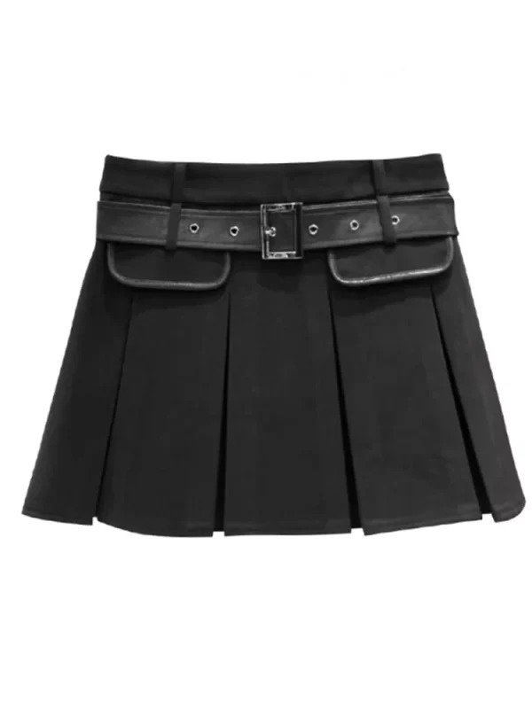 Y2K Vintage High Waist Mini A-line Woolen Pleated Skirt with Belt - Korean Maillard Aesthetic Design for