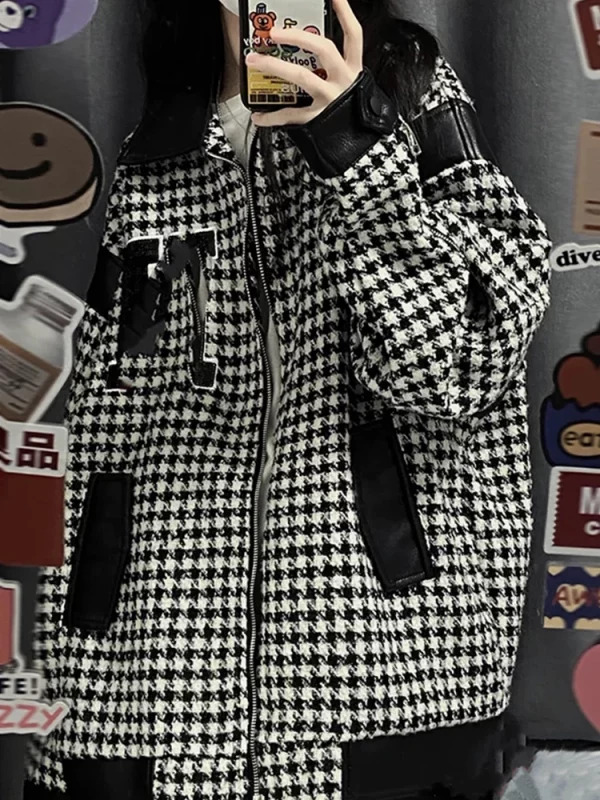 Y2K Vintage Houndstooth Jacket - Oversize Coat for Women