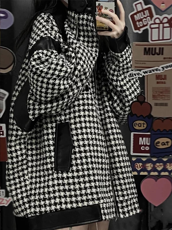 Y2K Vintage Houndstooth Jacket - Oversize Coat for Women