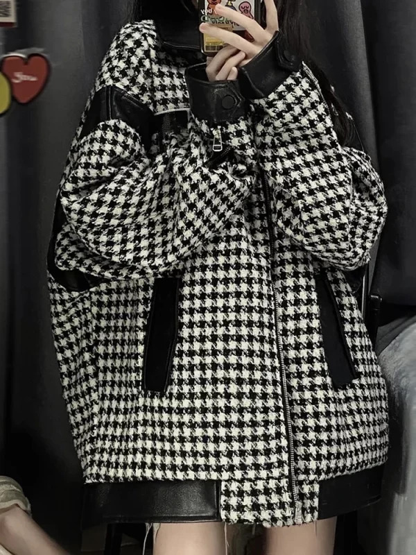 Y2K Vintage Houndstooth Jacket - Oversize Coat for Women