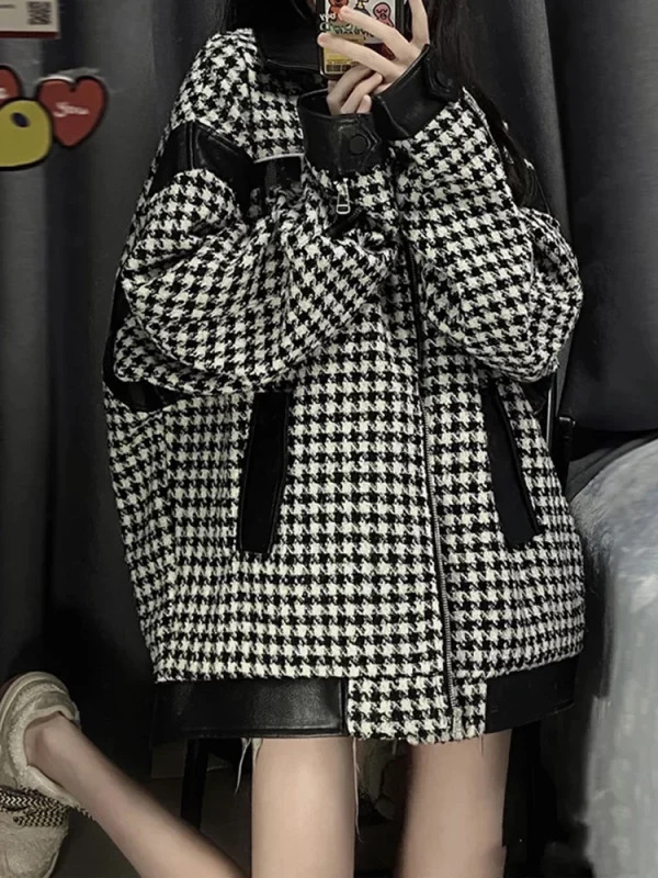 Y2K Vintage Houndstooth Jacket - Oversize Coat for Women