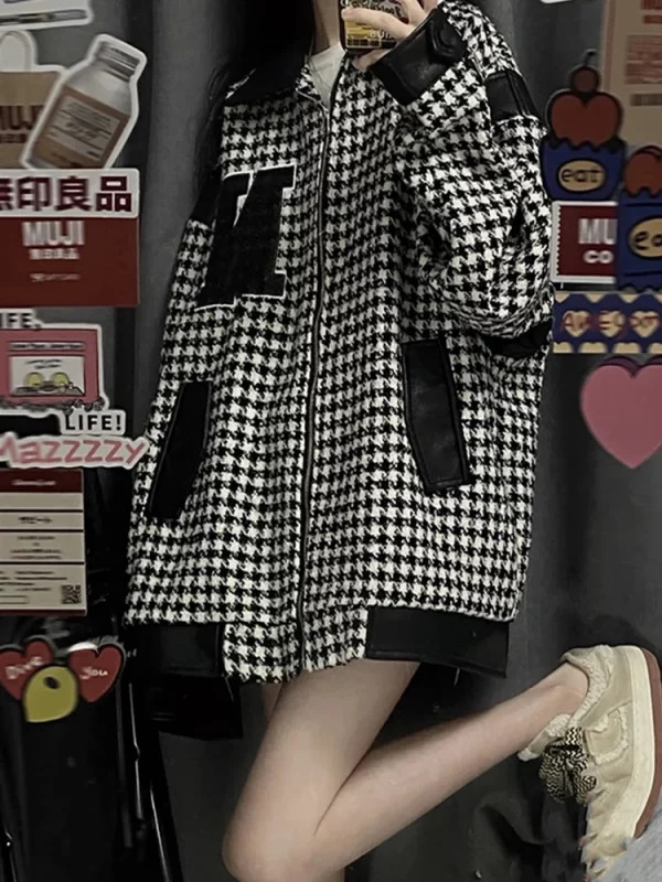 Y2K Vintage Houndstooth Jacket - Oversize Coat for Women