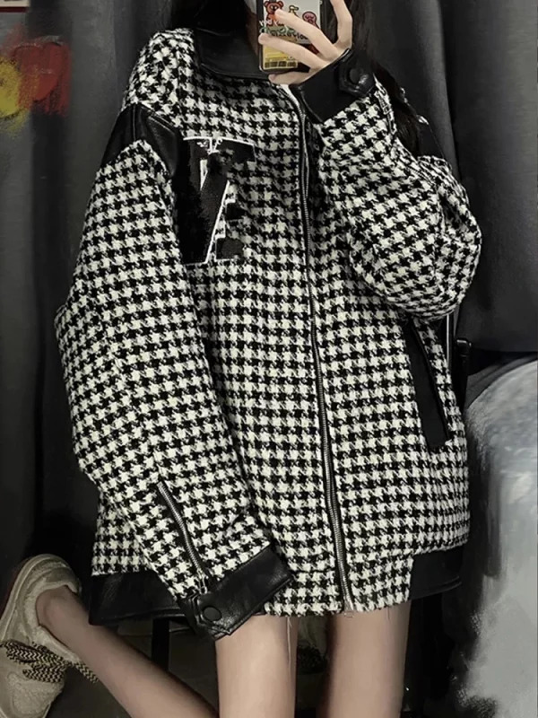 Y2K Vintage Houndstooth Jacket - Oversize Coat for Women