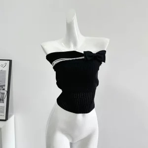 Y2K Vintage Knit Corset Tank Top - Summer Women's Retro Fashion Tube Top with Bow Detail