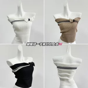 Y2K Vintage Knit Corset Tank Top - Summer Women's Retro Fashion Tube Top with Bow Detail