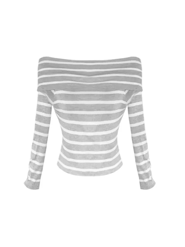 Y2K Vintage Korean Long Sleeve Striped T-Shirt - Gyaru Dark Academia Crop Top