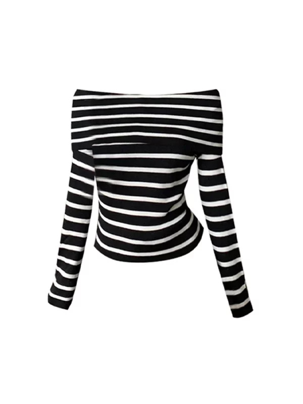 Y2K Vintage Korean Long Sleeve Striped T-Shirt - Gyaru Dark Academia Crop Top