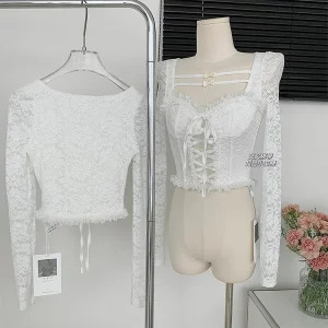 Y2K Vintage Lace Crop Top - Gyaru Coquette Square Collar Shirt - 90s Aesthetic French Fashion