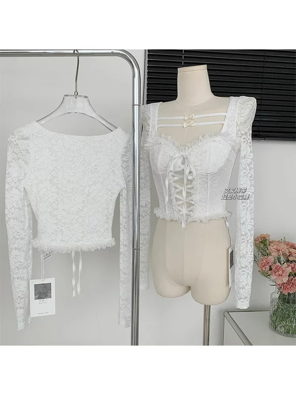 Y2K Vintage Lace Crop Top - Gyaru Coquette Square Collar Shirt - 90s Aesthetic French Fashion