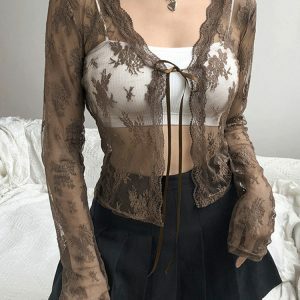 Y2K Vintage Lace Mesh Cardigan - Sexy See-Through Summer Tee