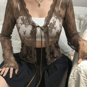 Y2K Vintage Lace Mesh Cardigan - Sexy See-Through Summer Tee