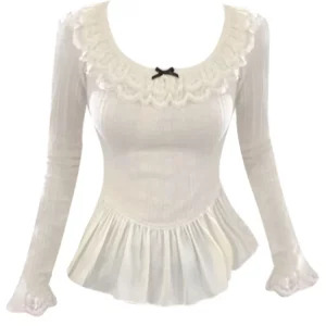 Y2K Vintage Lace Patchwork Crop Top with Ruffle Design - French Coquette Style