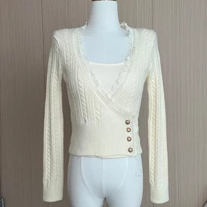 Y2K Vintage Lace V-Neck Cropped Sweater - French Fashion Gyaru Knitwear