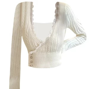 Y2K Vintage Lace V-Neck Cropped Sweater - French Fashion Gyaru Knitwear