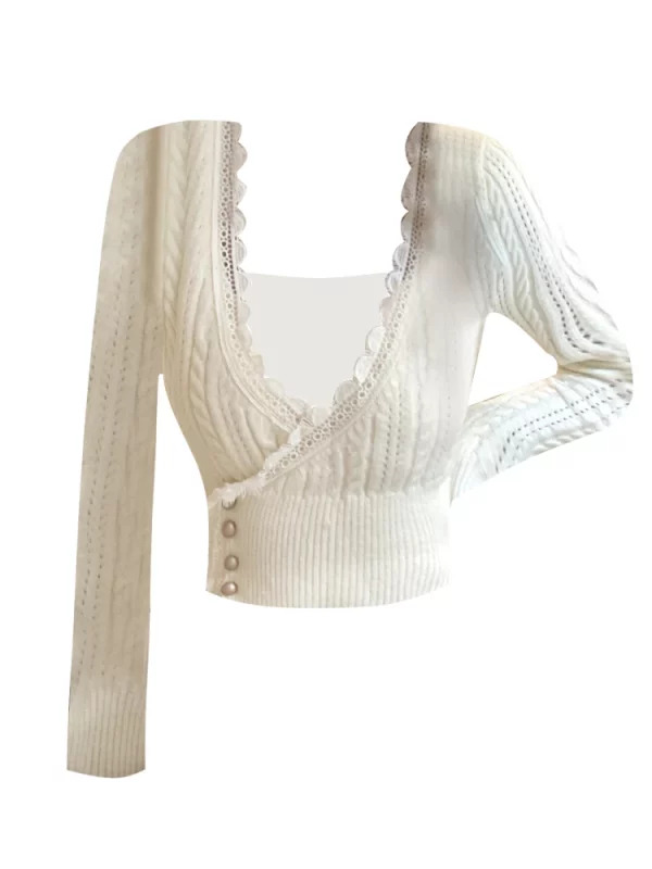 Y2K Vintage Lace V-Neck Cropped Sweater - French Fashion Gyaru Knitwear