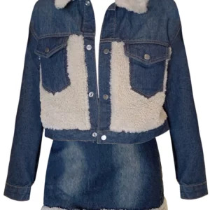 Y2K Vintage Lambs Wool 2-Piece Set: Cropped Jacket + Mini Denim Skirt - Grunge