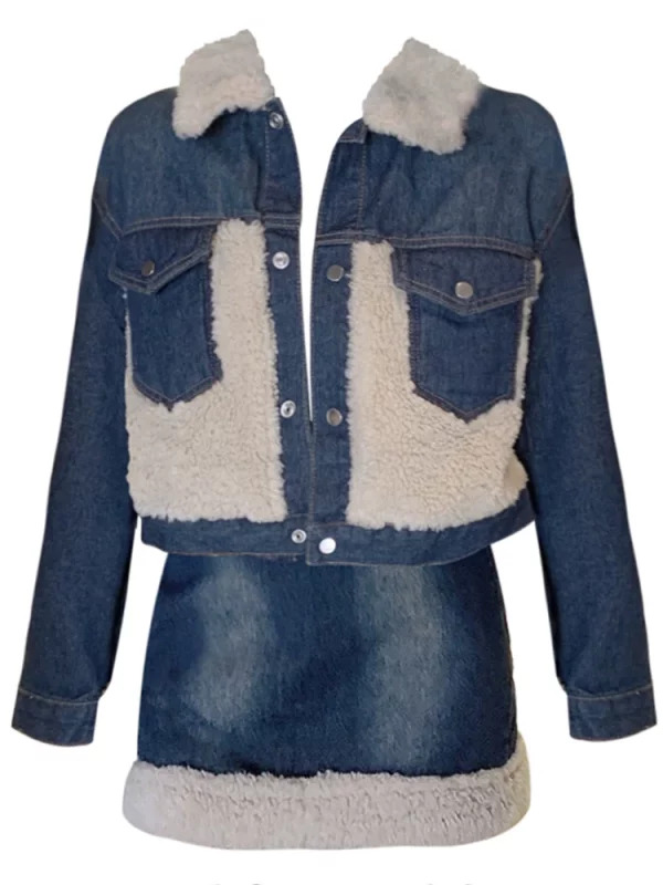 Y2K Vintage Lambs Wool 2-Piece Set: Cropped Jacket + Mini Denim Skirt - Grunge