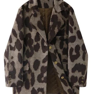 Y2K Vintage Leopard Print Woolen Blazer - Retro 90s Harajuku Outwear