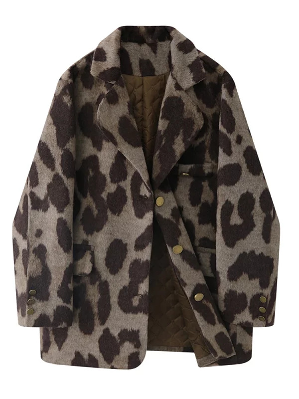 Y2K Vintage Leopard Print Woolen Blazer - Retro 90s Harajuku Outwear