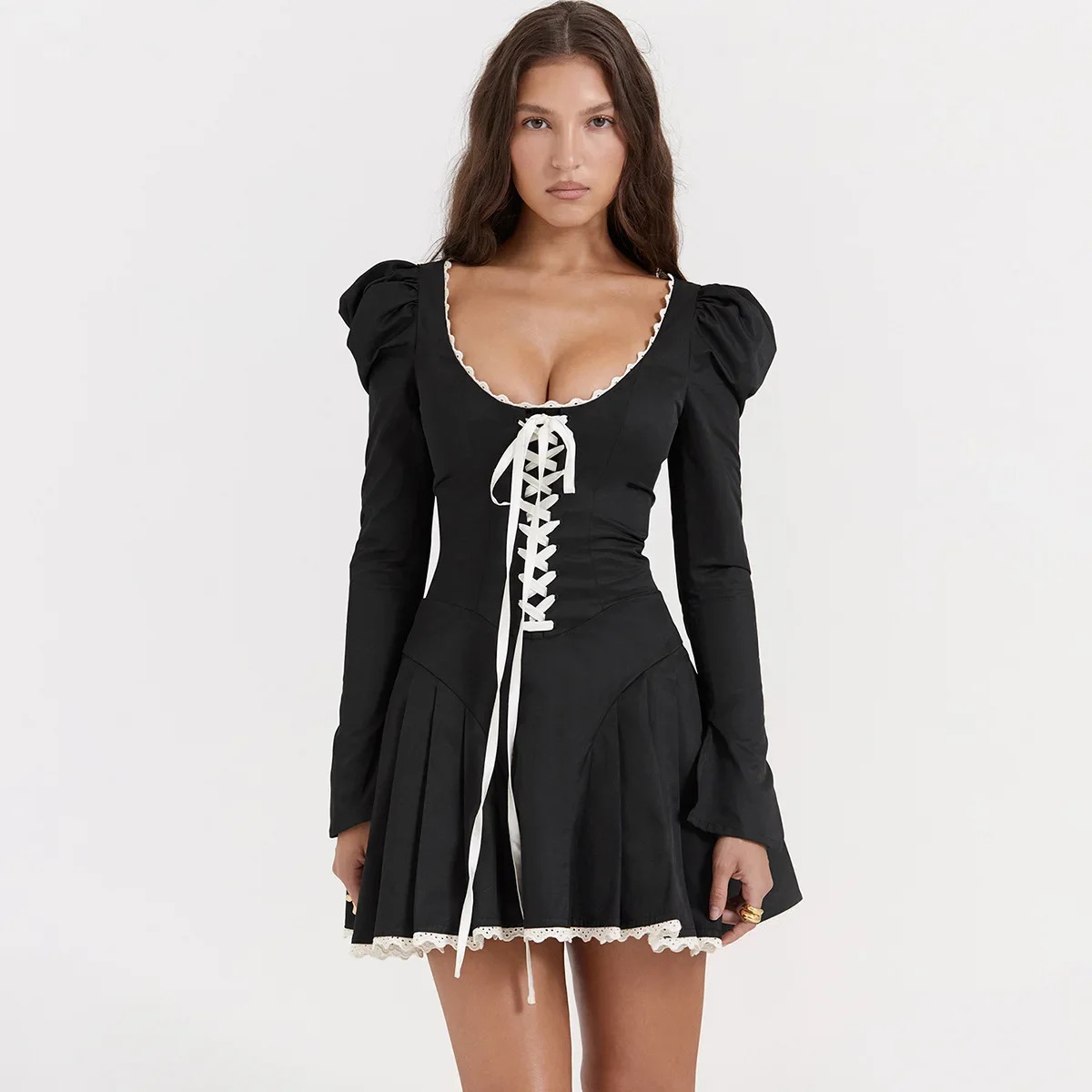 Y2K Vintage Long Sleeve Black Dress - Elegant Lace Up, Puff Sleeve, A-Line Mini Party Outfit