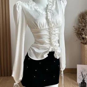 Y2K Vintage Luxury Party Outfit Set: French V-Neck Blouse, Pearl Camisole, Mini Sk