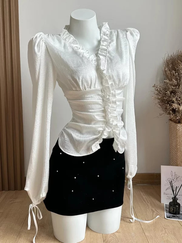 Y2K Vintage Luxury Party Outfit Set: French V-Neck Blouse, Pearl Camisole, Mini Sk