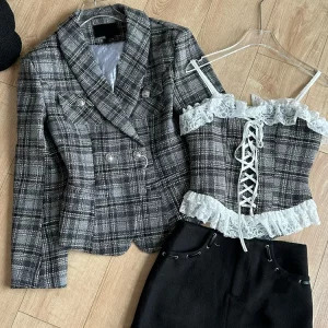 Y2K Vintage Office Lady Outfits Set: Plaid Jacket, Lace Camisole, Mini Skirt