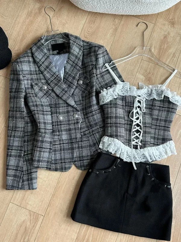 Y2K Vintage Office Lady Outfits Set: Plaid Jacket, Lace Camisole, Mini Skirt