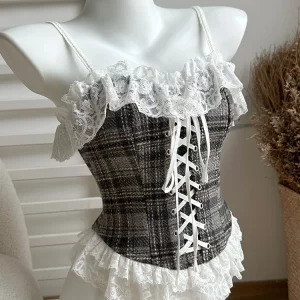 Y2K Vintage Office Lady Outfits Set: Plaid Jacket, Lace Camisole, Mini Skirt