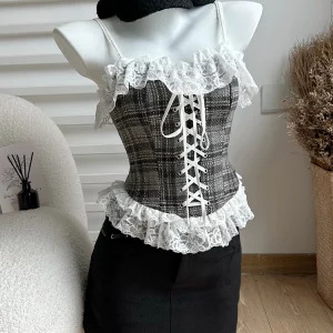 Y2K Vintage Office Lady Outfits Set: Plaid Jacket, Lace Camisole, Mini Skirt