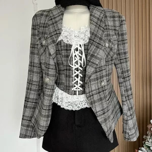 Y2K Vintage Office Lady Outfits Set: Plaid Jacket, Lace Camisole, Mini Skirt