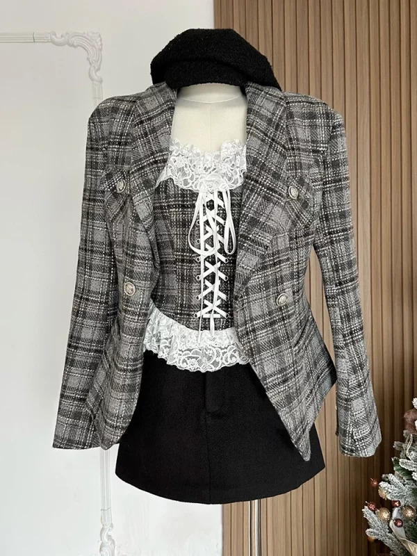 Y2K Vintage Office Lady Outfits Set: Plaid Jacket, Lace Camisole, Mini Skirt