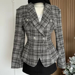 Y2K Vintage Office Lady Outfits Set: Plaid Jacket, Lace Camisole, Mini Skirt