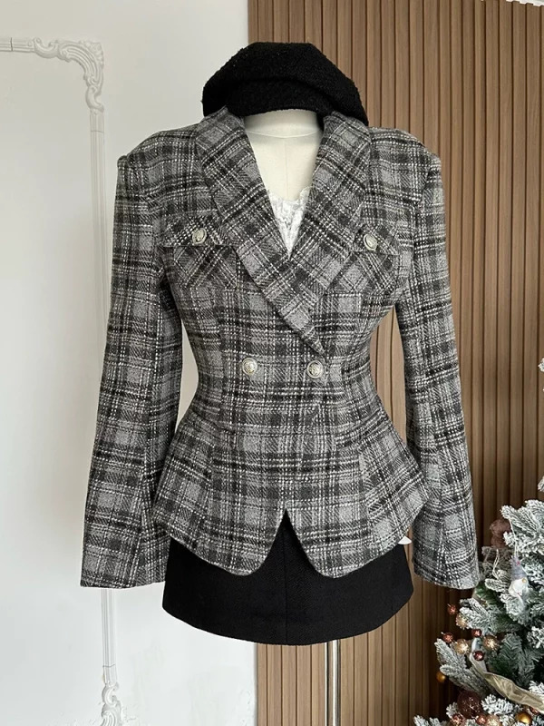 Y2K Vintage Office Lady Outfits Set: Plaid Jacket, Lace Camisole, Mini Skirt