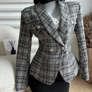 Y2K Vintage Office Lady Outfits Set: Plaid Jacket, Lace Camisole, Mini Skirt