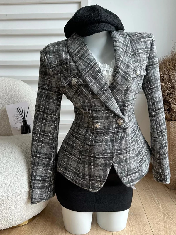 Y2K Vintage Office Lady Outfits Set: Plaid Jacket, Lace Camisole, Mini Skirt