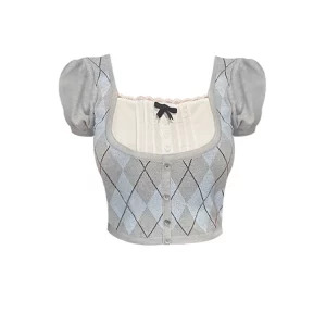 Y2K Vintage Patchwork Knit Crop Top - French Mori Girl Style Square Collar Tee