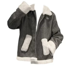 Y2K Vintage Patchwork Lambs Wool Jacket - Retro Fluffy Collar Outwear