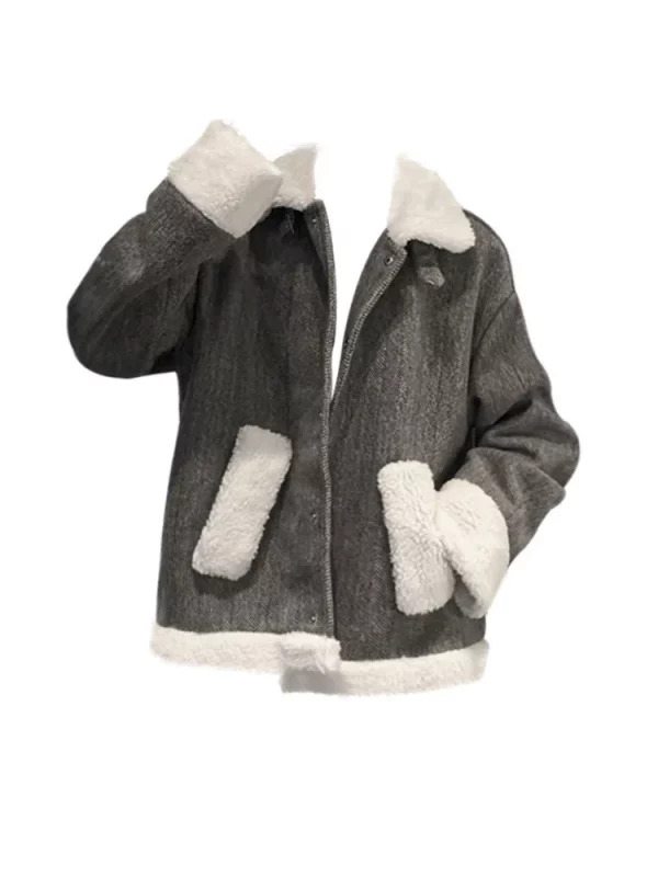 Y2K Vintage Patchwork Lambs Wool Jacket - Retro Fluffy Collar Outwear