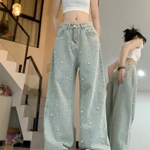 Y2K Vintage Pearl Denim Pants - Women's Korean Fashion Streetwear