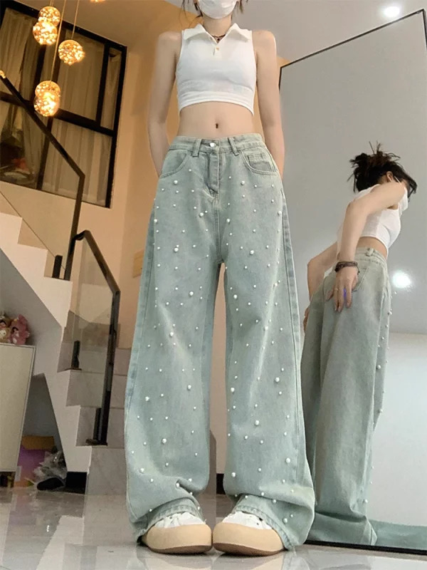 Y2K Vintage Pearl Denim Pants - Women's Korean Fashion Streetwear